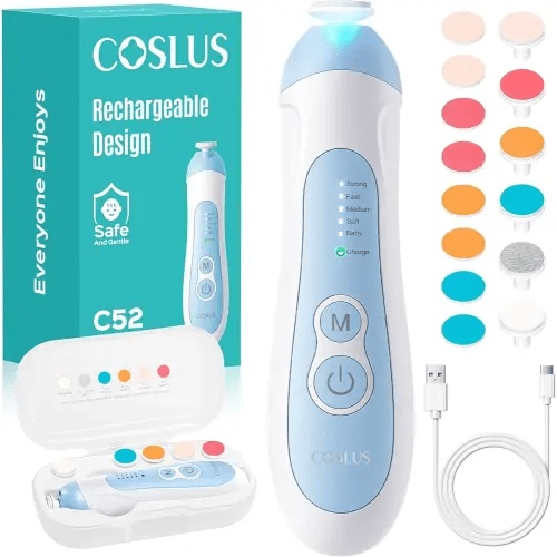 COSLUS Rechargeable Baby Nail File: Cordless Baby Nail Trimmer Electric, Baby Nail Clipper with 5 Speeds & 6 Grinding Heads for Baby Kid, CPC Certified & Quiet Design - Safe for Sleep Trim, C52 Blue
