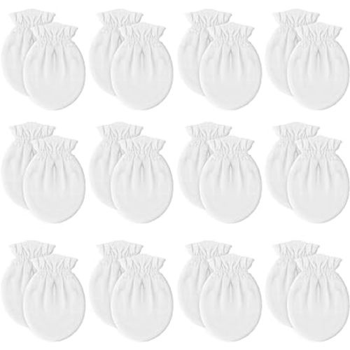 12 Pairs Newborn Baby Mittens,Unisex-Baby No Scratch Mittens,100% Cotton White Mittens for Baby 0-6 Months