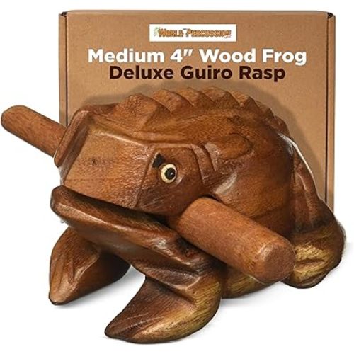 Deluxe Medium 4” Wood Frog Guiro Rasp - Percussion Musical Instrument Tone Block - Wooden Instrument with Stick, Frog Noise Maker by World Percussion USA