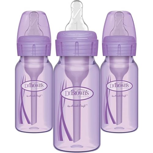 Dr. Brown's Natural Flow Anti-Colic Options+ Narrow Baby Bottles 4 oz/120 mL, with Level 1 Slow Flow Nipple, Lavender, 3 Pack, 0m+
