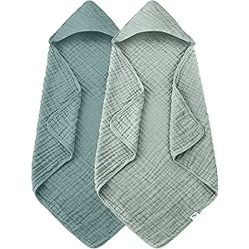 SWEET DOLPHIN Muslin Hooded Baby Bath Towels - 2 Pack 100% Cotton Towel for Babies, Infants, Toddlers - 32x32Inch - Highly Absorbent and Newborn Essential, Light Emerald