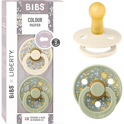 BIBS Colour Liberty Soother 2-Pack, BPA Free Dummy Pacifier, Round Nipple. Natural Rubber Latex, Made in Denmark, Size 2 (6-18 Months), Eloise Sage