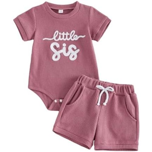 allshope Newborn Baby Girl Summer Outfit Romper Little Sister Lil Sis Embroidery Jumpsuit Tops Shorts Infant Waffle Clothes