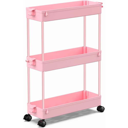 LLMRR 3 Tier Slim Rolling Cart with Lockable Wheels, Pink