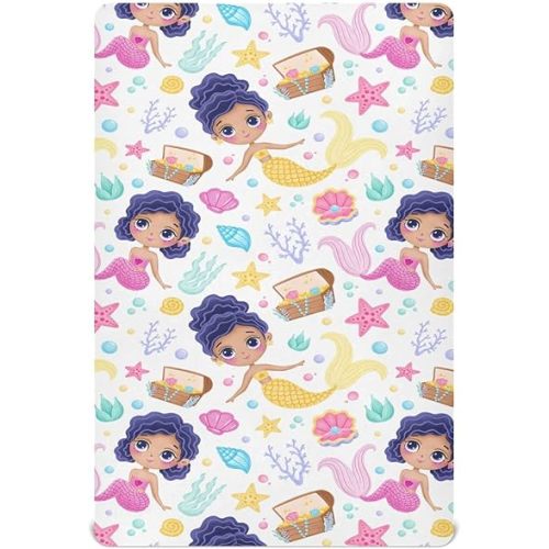KICPOAY Fitted Crib Sheets Cartoon Mermaid and Star Stretchy Portable Playard Sheets for Baby Toddler, Breathable Soft Mini Crib Mattress 52 x 28 in for Boys and Girls