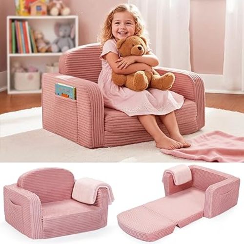 Foryoomi 2 in 1 Convertible Kids Couch - Corduroy Fold Out Kids Sofa Chair with Blanket, Comfy Comfortable Toddler Chair, Machine-Washable Cover, for Boys Girls, Medium Pink