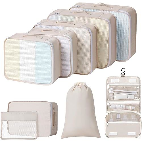 Packing Cubes for Travel - 9 Set Large Travel Cubes Luggage Organizer Bags Set With Laundry Bags/Shoe Bag/Toiletry Bag (Beige)