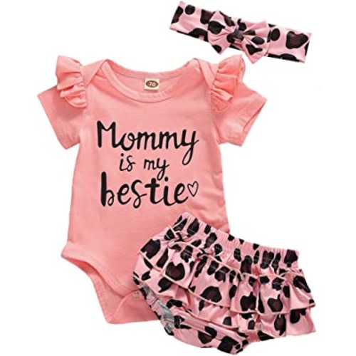 Newborn Baby Girls Clothes Mommy Saying Top Printed Romper Leopard Shorts Skirts+Headband Outfit Set (6-12 Months, Mommy's Bestie)