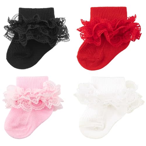 AQOKKA Baby Girls Socks Eyelet Ruffle Frilly Lace Summer Thin Dress Socks for Newborn Infant Toddler Kids