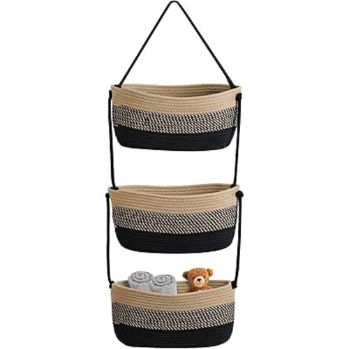 Over The Door Organizer Hanging Basket for Nursery Decor Stuffed Animal Storage Baskets Boho Wall Decor Basket for Bathroom Bedroom Playroom - Black&Beige