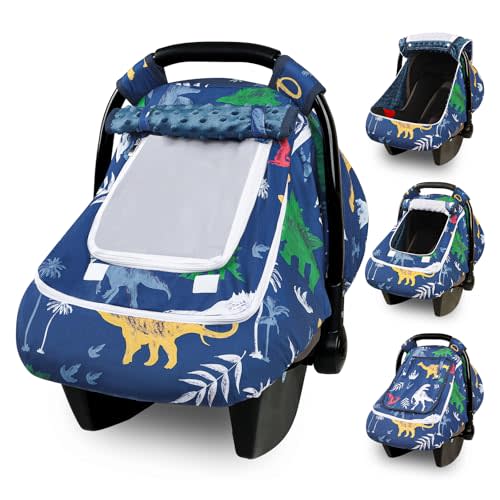 Hooyax Baby Car Seat Cover with Dual Zipper, Extra Large Mesh Window Carseat Canopy, All-Season Weather Protection for Infant Car Seats & Strollers (Dinosaur)
