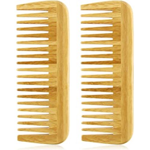 2 Pieces Bamboo Hair Comb Wide Tooth Brush Handmade of Natural Bamboo Wood Anti-Static For Detangling and Styling Wet or Dry Curly Thick Wavy or Straight Hair For Men or Women