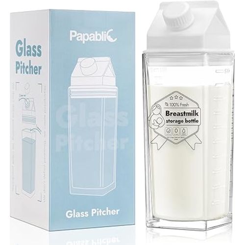 Papablic Glass Breastmilk Storage Bottles, Baby Breast Formula Milk Container for Breastfeeding Essential, Reusable Milk Pitcher Shaped Collection for Fridge & Milk Cooler, BPA Free, 17 oz