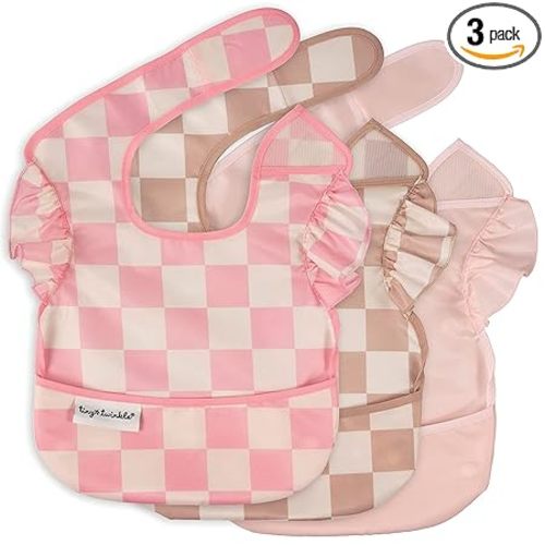 Tiny Twinkle Mess-Proof Baby Bibs for Eating | Waterproof, Wipeable Toddler Bibs with Catch-All Pocket | Feeding Bibs for Girls & Boys(3 Pack,Checkers Girl)