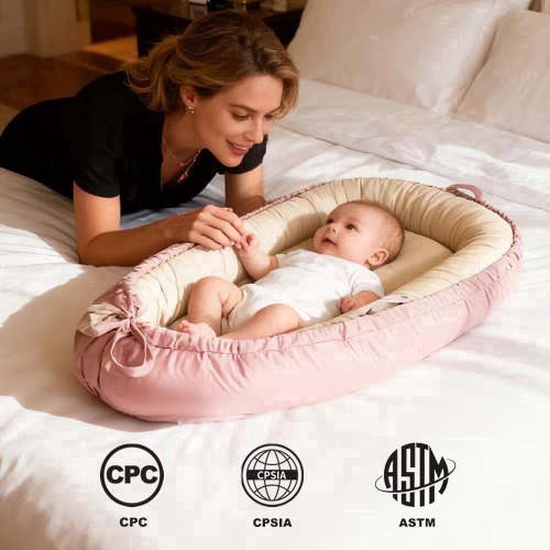 Portable 100% Breathable Cotton Safety Standards Baby Lounger, pink