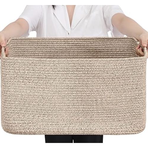 75L Blanket Basket, Large Woven Baskets for Storage, Blanket Storage for Living Room, Rope Basket with Handles for Bedroom, Nursery, Toys, Clothes, 22” x 17” x 11.5”, Brown