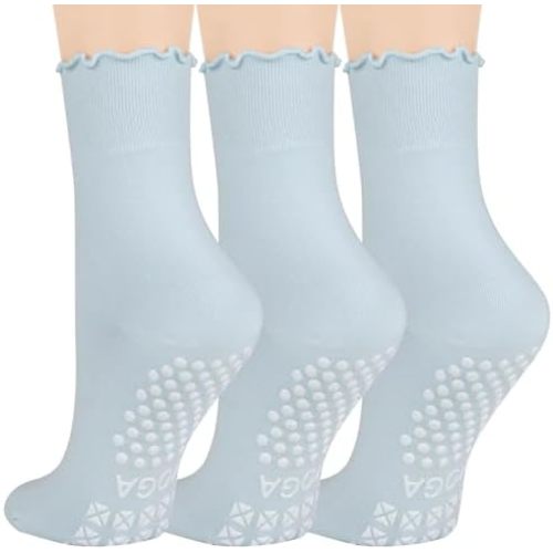 3 Pairs Pilates Socks for Women, Non-slip Grips Yoga Socks Ruffle Cuff for Ballet Barefoot Workout Socks