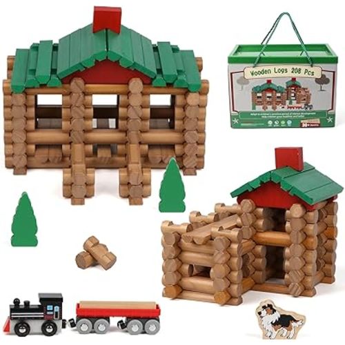 Wondertoys 208 Pcs Wooden Log Set - Classic Building Logs Ages 3+ - Best Retro Building Gift Set for Boys - Creative Construction Engineering Educational Gifts