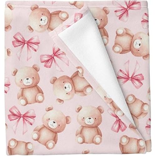 Cute Bears Pink Blue Bows Baby Blankets for Boys Girls Pastel Bears Boho Bows Swaddle Receiving Blanket Watercolor Animlas Soft Swaddling Wrap for Unisex Newborn 30x40in