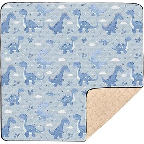 Baby Play Mat Dinosaur Blue Leaves 50 x 50 Playpen Mats for Floor Play Gym Crawling Mat Non-Slip Cushioned Baby Playmat for Infants, Babies, Toddlers