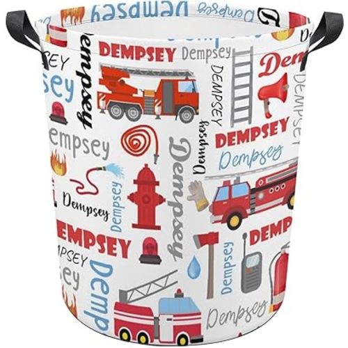 Fire Truck Laundry Basket,Custom Laundry Hamper with Name,Personalized Fire Truck Gifts for Boys Girls,Customize Collapsible Laundry Basket for Bedroom Bathroom,M-19.5"X 15.7"