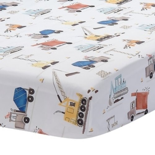 Bedtime Originals Construction Zone Baby Fitted Crib/Toddler Sheet- White/Trucks - Crib