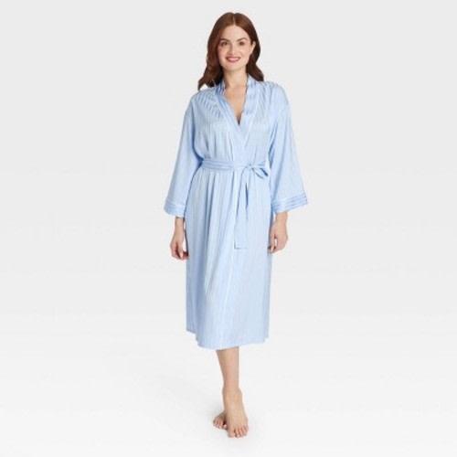 Women's Luxury Collection Shadow Striped Long Satin Robe - Auden™ Blue M/L: Relaxed Fit, Recycled Polyester, Three Quarter Sleeve