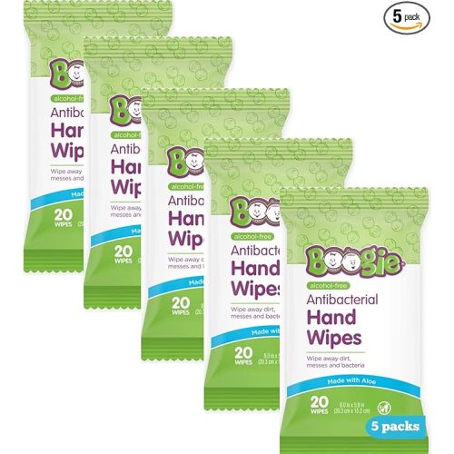 Antibacterial Hand Wipes by Boogie, Alcohol Free, Hypoallergenic and Moisturizing Aloe, Hand Wipes for Kids and Adults, 5 Packs of 20 (100 Total Wipes)