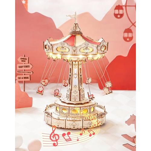 ROKR 3D Puzzles Wooden Music Box Kit with LED, Rotating Swing Ride Mechanical Model Kit DIY Wood Craft Hobbies Kit for Adults Birthday for Adults