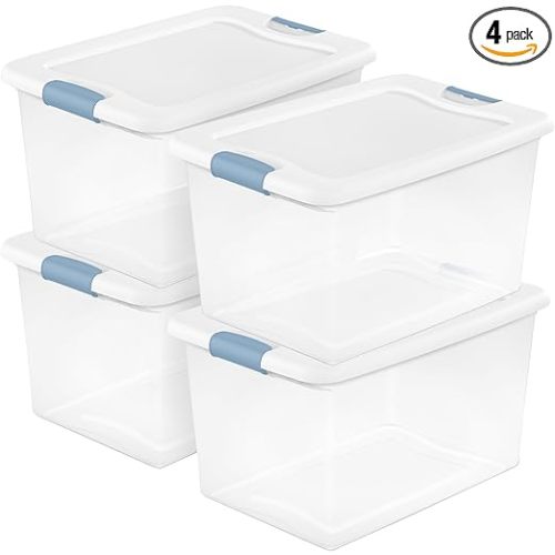 Sterilite 4-Pack 64 Quart Latching Box, Clear Plastic Storage Organizer Bins with White Lids - Large Stackable Containers for Home Bedroom, Dorm Room, and Closet Organization