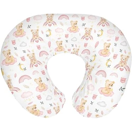Watercolor Bear Rainbow Pink Baby Nursing Pillow Covers for Girl Boy Cute Bears Moon Stars Clouds Nursery Slipcovers for Breastfeeding Pillows Pastel Animal Soft Stretchy Cover for Newborn Infant