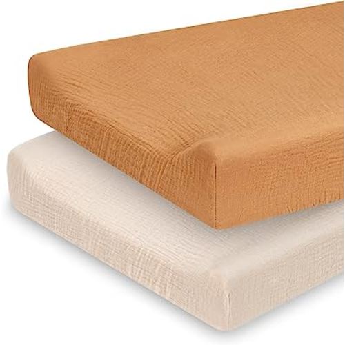 Muslin Changing Pad Cover, Ultra Soft Cotton Diaper Changing Table Covers for Baby Girls Boys, Boho Changing Pad Sheets Neutral, Comfy and Breathable, 2 Pack (Retro Yellow & Beige)