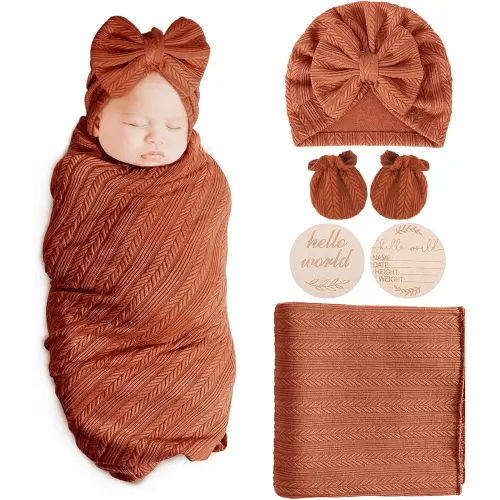 Newborn Receiving Blanket with Bow Hat Mittens Wooden Card Set Wheat-Pattern Newborns Toddler Baby Boy Girl Nursery Swaddle Wrap