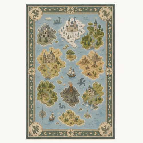 Fantasy Map Kids Rug, Dragon Castle Adventure Nursery Print, Playroom Decor