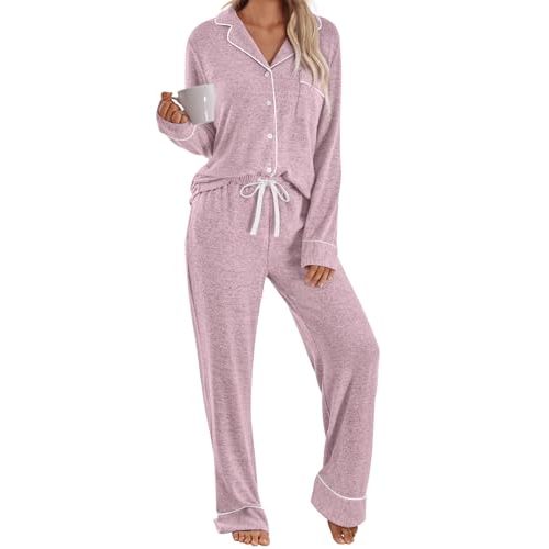 LILLUSORY Women's Long Sleeve Pajama Set - Soft Button-Down Top & Comfortable Drawstring Pants with Pockets