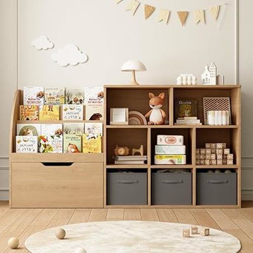 Fatmok Kids Bookshelf and Toy Storage, Toy Storage Organizers with Movable Drawers & 3 Storage Bins, Kids Reading Nook Toy Organizers Shelf with 5 Cubbies, Natral Wood