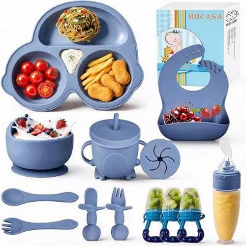 Silicone Baby Feeding Set,Miicasa Baby Led Weaning Supplies Kit With Suction Bowl & Car Plate, Bib, Spoon, Fork, Cup - Food-Grade Silicone, Dishwasher-Safe, No BPAs - For 3+ Months