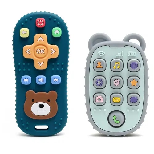 2-Pack Silicone Teethers – Remote Control & Phone Teething Toys with Popper Buttons, BPA-Free, CPC Certified Baby Essentials for Infants & Toddlers (Remote/Phone - Dark Blue/Grey)