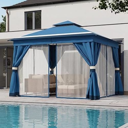LAUSAINT HOME Patio Gazebo 12'x12', Outdoor Heavy Duty Party Tent Shelter with Double Roofs, Mosquito Nettings and Privacy Screens for Backyard, Garden, Lawn, Steel Blue