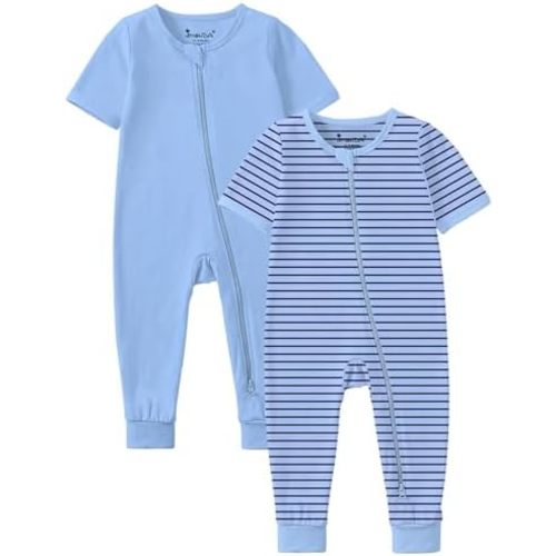 Jimonda Baby Romper 2 Pack Footless Pajamas Short Sleeve Sleepers Baby Boys Girls 2 Way Zipper Pjs Sleep and Play Clothes
