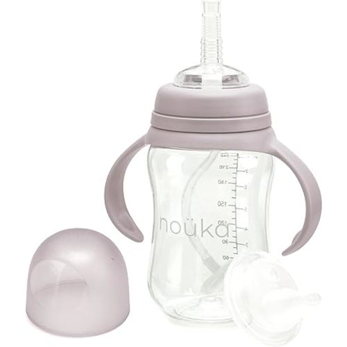 nouka Tritan Plastic Transitional Sippy Cup with Weighted Straw | Leak Proof and Easy Grip | Removable Handles | Bloom