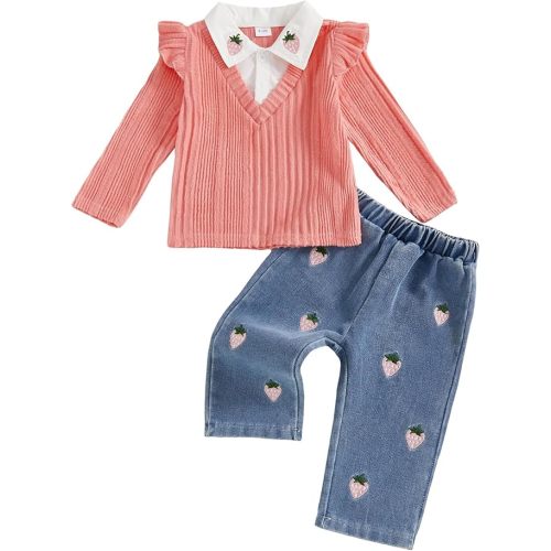 FYBITBO Toddler Baby Girl Clothes Fall Winter Outfit Long Sleeve Sweater Button Down Shirt Jeans Pants Set