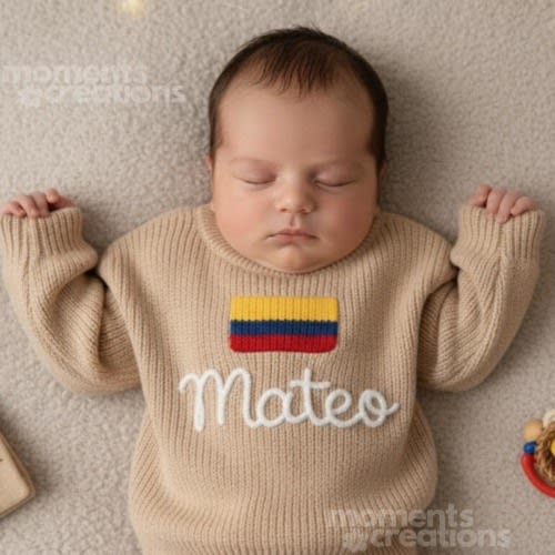 Hand Embroidered Colombian Flag Baby Sweater: Personalized Knit Jumper