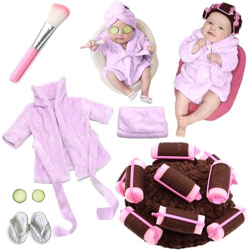 SPOKKI Newborn Photography Props Newborn Girl Photoshoot Outfits Crochet Baby Curler Hat with Makeup Brush for Infant Boys Girls (Purple)