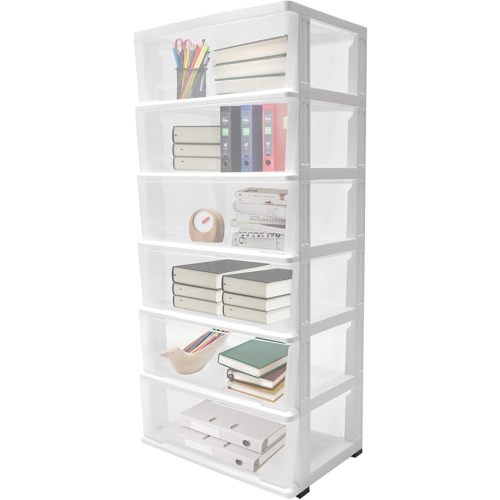 6 Clear Drawer Storage Organizer Rolling Cart,43in H Mobile Book File Trolley Organizer Utility Cart, Transparent & Foldable Design For Closet, Living Room, Hallway, Dormitory. (White)