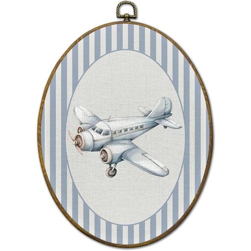 QZQE Airplane Nursery Oval Wall Art Decor Framed, Kids Room Oval Canvas Prints, Light Blue Striped Aviation Plane Wall Hanging Decor for Kids Boy Nursery Room Bedroom Playroom, 8.6x11.4 Inch