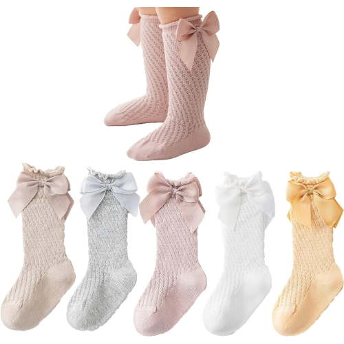 5Pairs Baby Girls knee high socks Toddler Bow Mesh Breathable Dress Socks Kids Cotton Tube Uniform Stockings