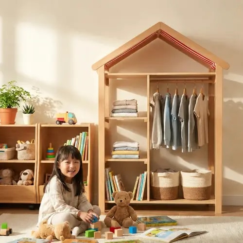House-Shaped Kids Clothing Rack and Storage Wardrobe, Solid Wood