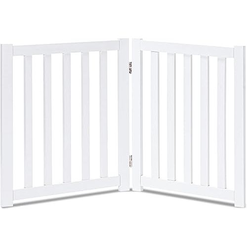 LZRS 2-Panel Wooden Free Standing Foldable Dog Gate Indoor – Solid Hardwood 24" High, Step-Over Safety Pet Gate for Doorways, Stairs & Small Spaces - Indoor Use, White
