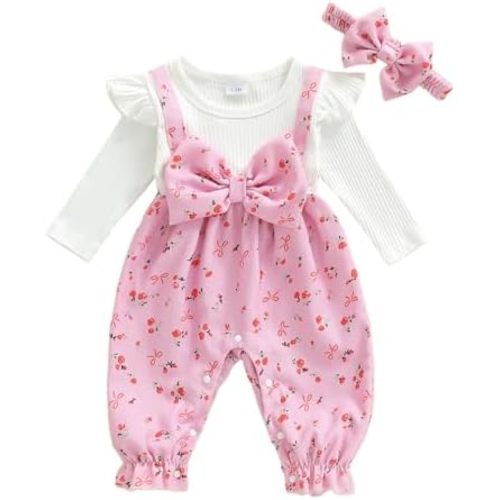 Ropa para bebé recién nacida, con mangas con volantes, mameluco floral de pana + diadema lindo otoño invierno traje de una pieza